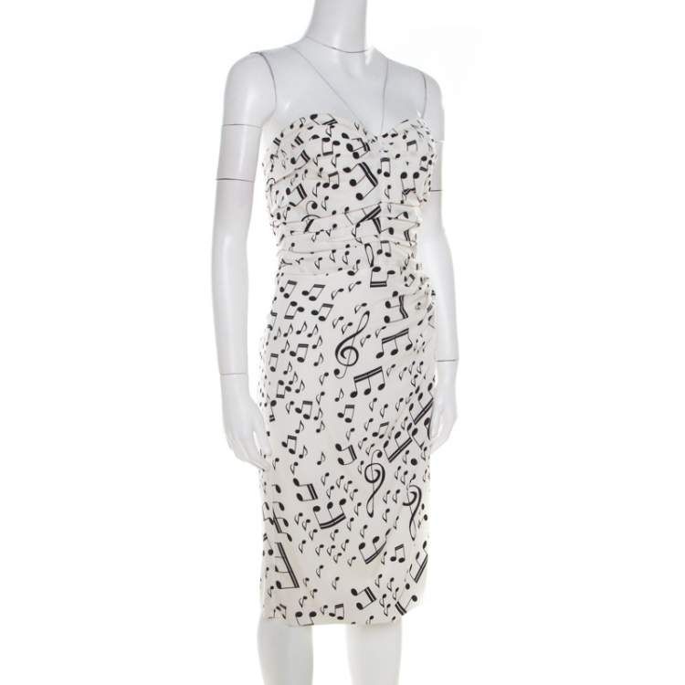 Pre Owned Dolce & Gabbana White and Black Musical Note Printed Silk Strapless Dress S