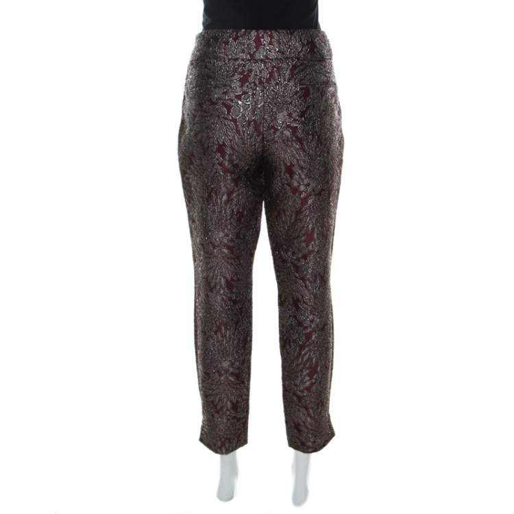 Pre Owned Dolce & Gabbana Burgundy Lurex Floral Silk Jacquard Cropped Pants M
