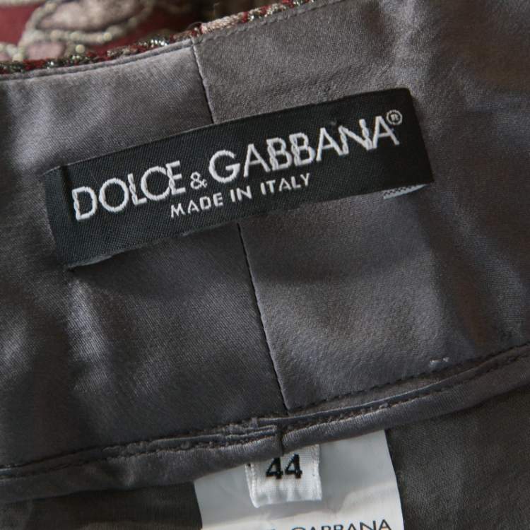 Pre Owned Dolce & Gabbana Burgundy Lurex Floral Silk Jacquard Cropped Pants M