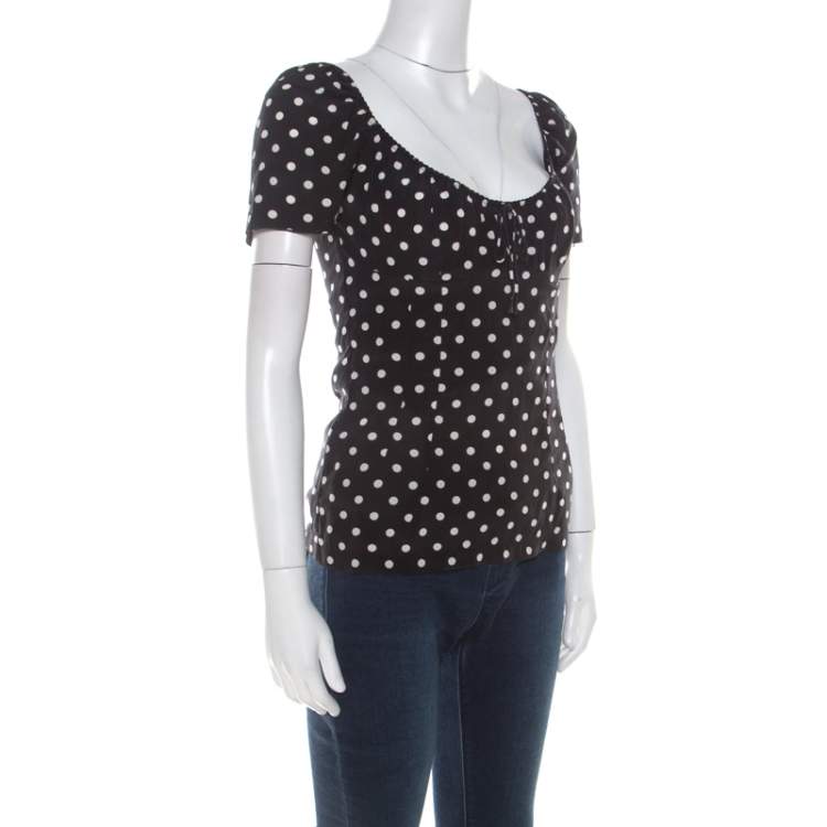 Pre Owned Dolce & Gabbana Black and White Polka Dot Printed Silk Bow Detail Top S 