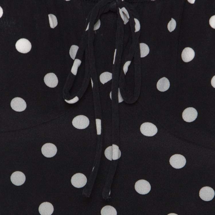Pre Owned Dolce & Gabbana Black and White Polka Dot Printed Silk Bow Detail Top S 