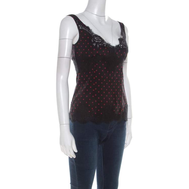 Pre Owned Dolce & Gabbana Black and Red Polka Dot Silk Sleeveless Camisole Top S 