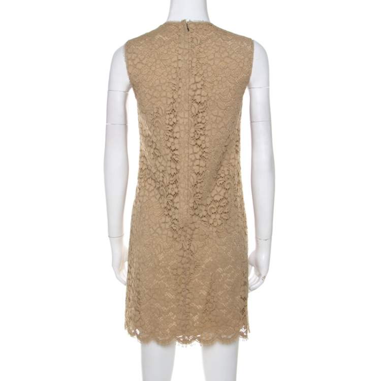 Pre Owned Dolce & Gabbana Beige Cotton Floral Lace Overlay Sleeveless Shift Dress S