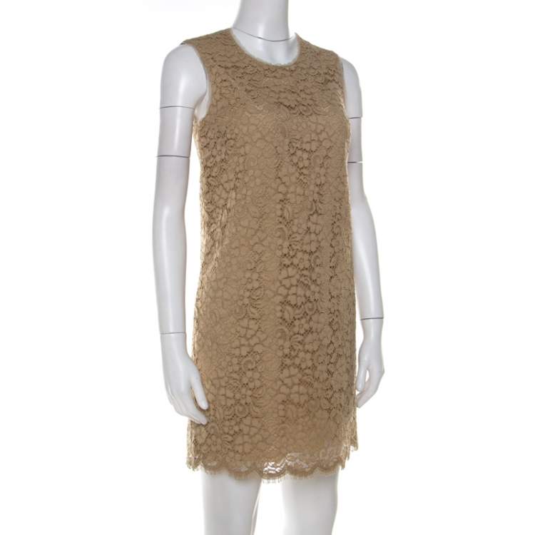 Pre Owned Dolce & Gabbana Beige Cotton Floral Lace Overlay Sleeveless Shift Dress S