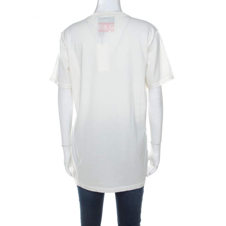 Pre Owned Dolce & Gabbana Off White Cotton Pink Applique Crew Neck T-Shirt XL