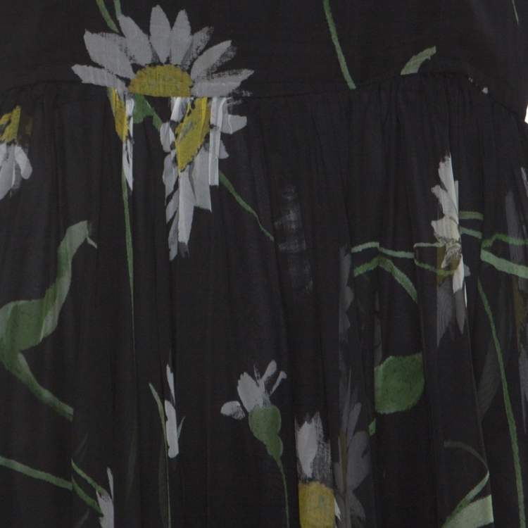 Pre Owned Dolce & Gabbana Black Sunflower Print Silk Gathered Midi Dress M