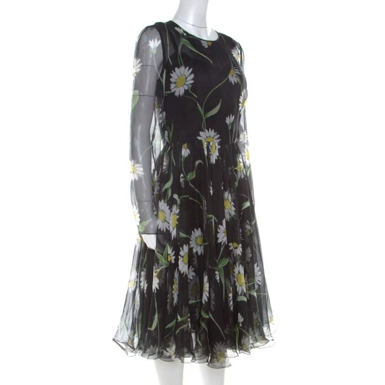 Pre Owned Dolce & Gabbana Black Sunflower Print Silk Gathered Midi Dress M
