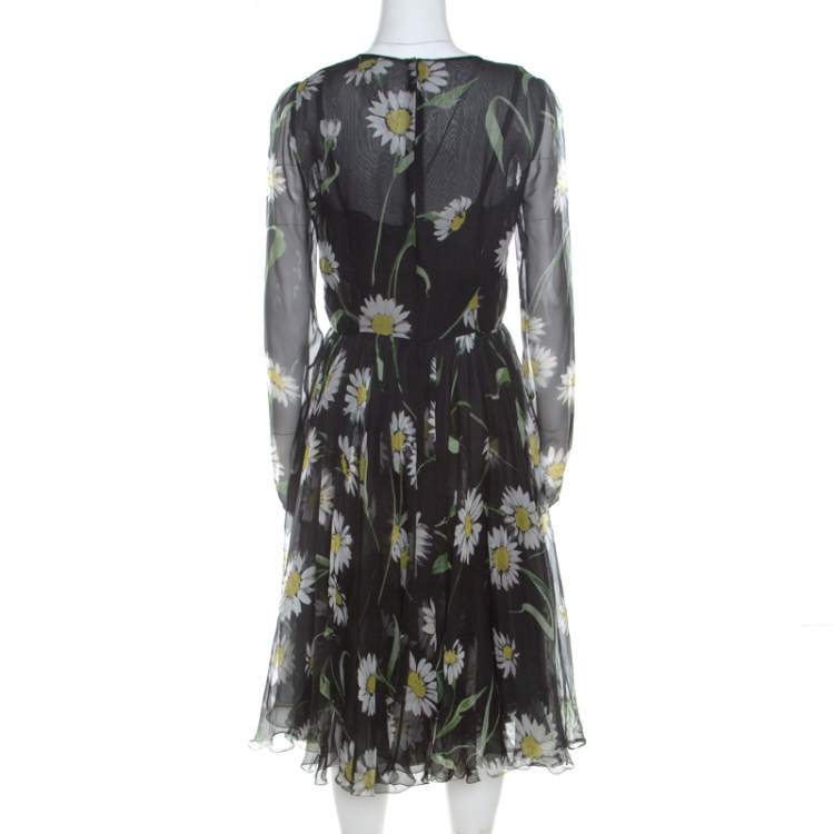Pre Owned Dolce & Gabbana Black Sunflower Print Silk Gathered Midi Dress M