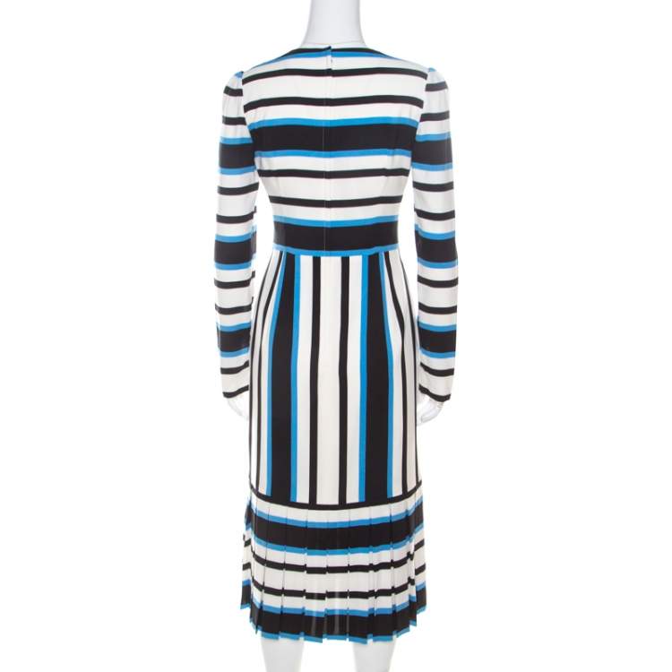 Pre Owned Dolce & Gabbana Multicolor Striped Silk Pleat-Detail Midi Sheath Dress S