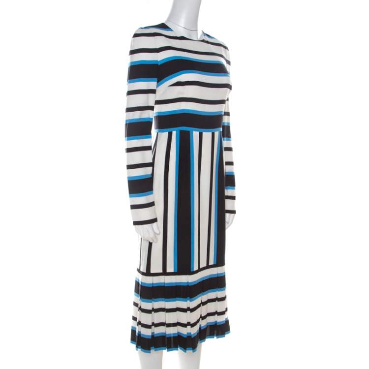 Pre Owned Dolce & Gabbana Multicolor Striped Silk Pleat-Detail Midi Sheath Dress S
