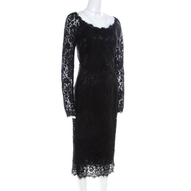 Pre Owned Dolce & Gabbana Black Lace Detail Full Sleeve Midi Dress S