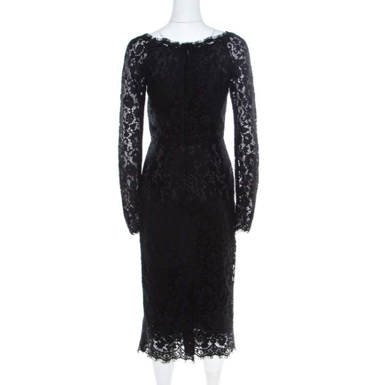 Pre Owned Dolce & Gabbana Black Lace Detail Full Sleeve Midi Dress S