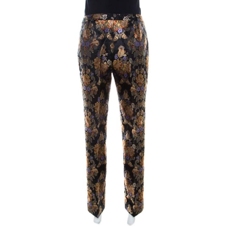 Pre Owned Dolce & Gabbana Black Floral Jacquard Sateen Straight Fit Trousers M 