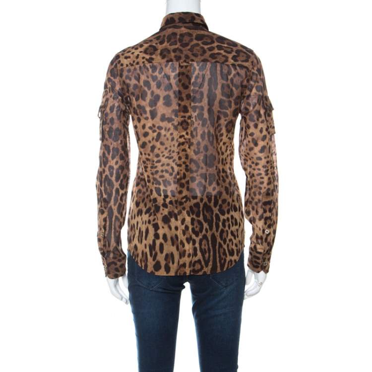 Pre Owned Dolce & Gabbana Brown Leopard Print Cotton and Silk Button Front Shirt S 