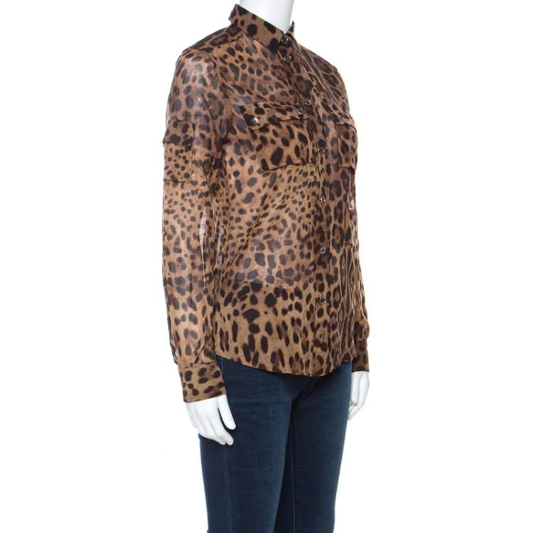 Pre Owned Dolce & Gabbana Brown Leopard Print Cotton and Silk Button Front Shirt S 
