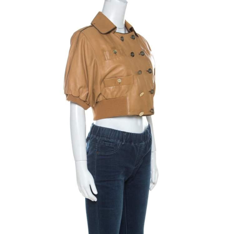 Pre Owned Dolce & Gabbana Camel Brown Short Sleeve Cropped Leather Jacket M 