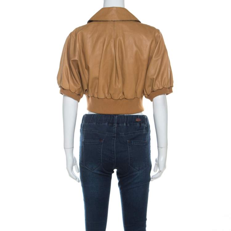 Pre Owned Dolce & Gabbana Camel Brown Short Sleeve Cropped Leather Jacket M 