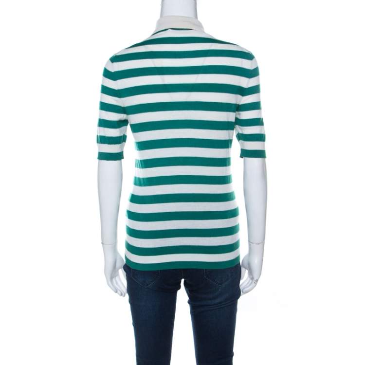 مملوكة مسبقًا Dolce & Gabbana Green and Off White Cashmere Striped Polo T Shirt M 