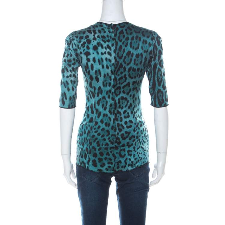 مملوكة مسبقًا Dolce & Gabbana Blue Stretch Silk Leopard Print Three Quarter Sleeve Top S