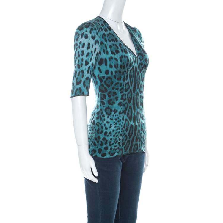 مملوكة مسبقًا Dolce & Gabbana Blue Stretch Silk Leopard Print Three Quarter Sleeve Top S