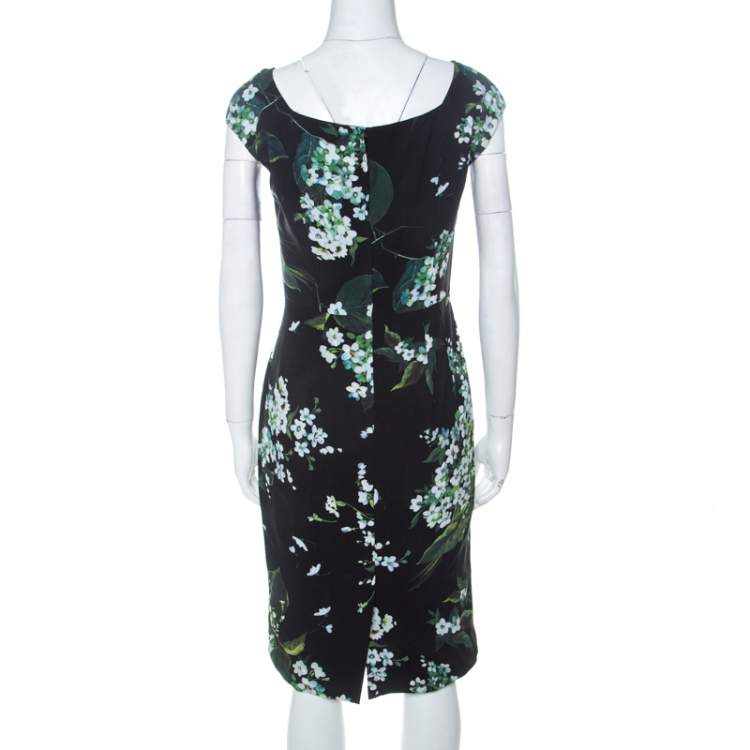 مملوكة مسبقًا Dolce & Gabanna Black Floral Print Moss Crepe Cap Sleeve Sheath Dress S