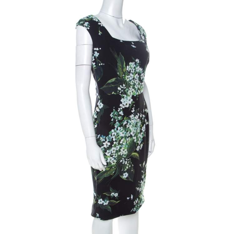 مملوكة مسبقًا Dolce & Gabanna Black Floral Print Moss Crepe Cap Sleeve Sheath Dress S