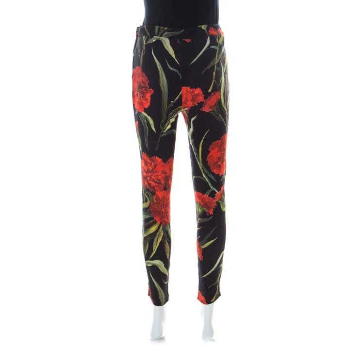 Pre Owned Dolce & Gabbana Black & Red Cady Carnation Print Miss Crepe Slim Leg Trousers M 