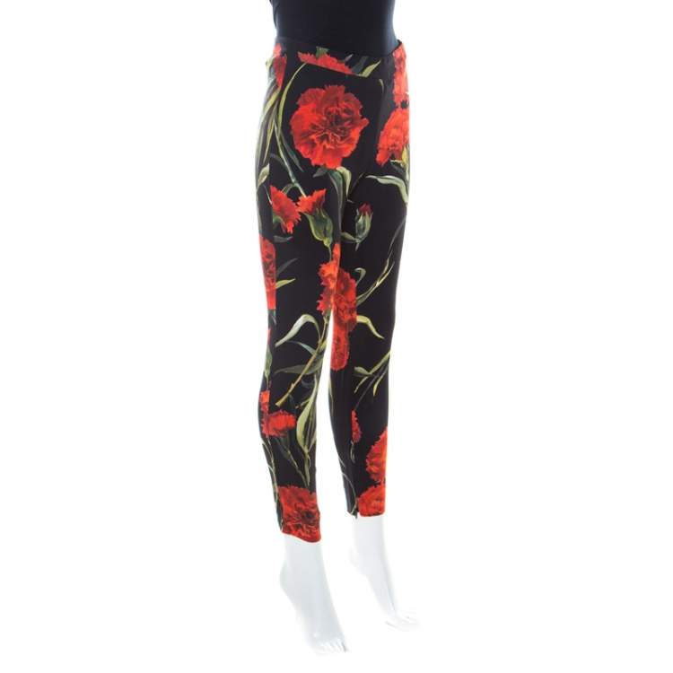 Pre Owned Dolce & Gabbana Black & Red Cady Carnation Print Miss Crepe Slim Leg Trousers M 