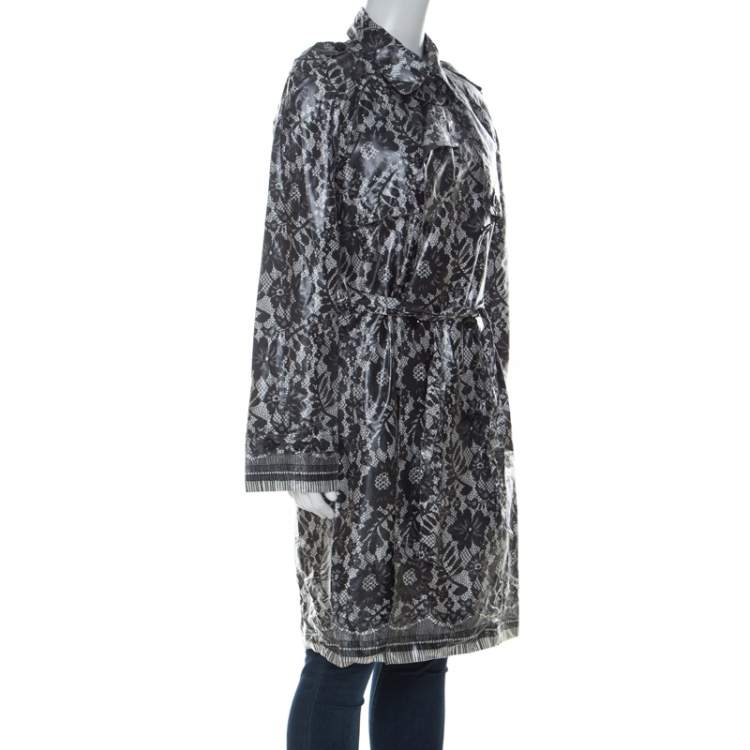 Pre Owned Dolce & Gabbana Grey Coated Silk Floral Lace Pattern Raincoat M 