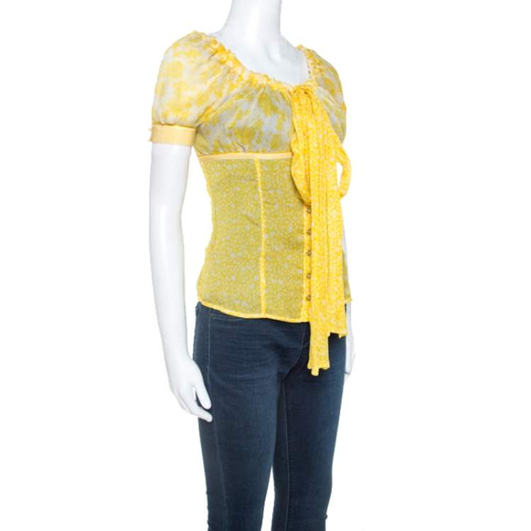 Pre Owned D&G Yellow Floral Print Sheer Silk Crepe Elasticized Neck Blouse S