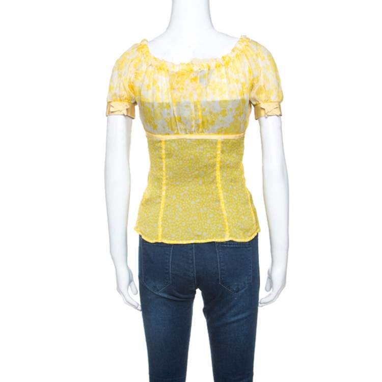 Pre Owned D&G Yellow Floral Print Sheer Silk Crepe Elasticized Neck Blouse S