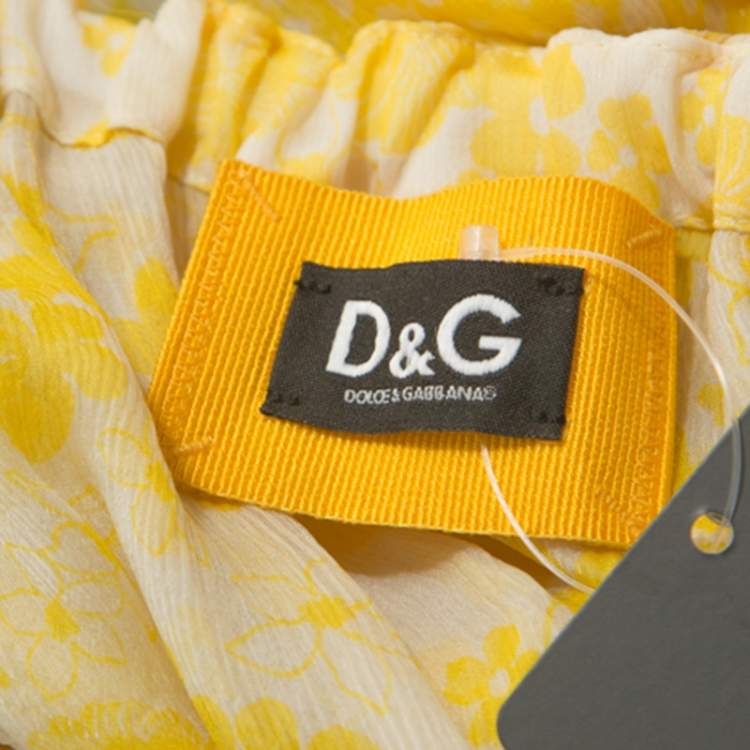 Pre Owned D&G Yellow Floral Print Sheer Silk Crepe Elasticized Neck Blouse S