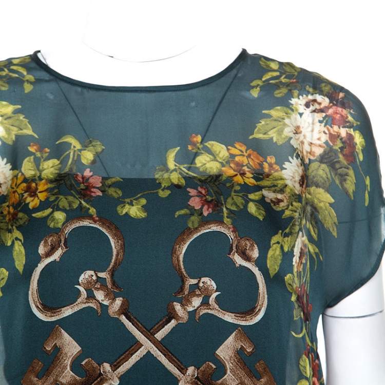 Pre Owned Dolce & Gabbana Green Floral and Key Print Silk Sheer Top S