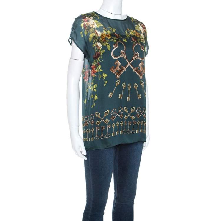 Pre Owned Dolce & Gabbana Green Floral and Key Print Silk Sheer Top S