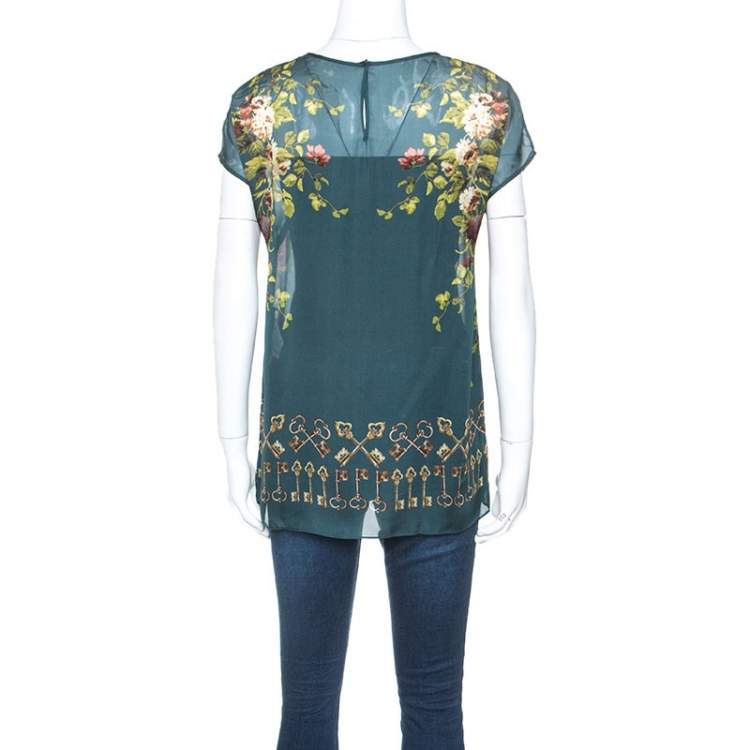Pre Owned Dolce & Gabbana Green Floral and Key Print Silk Sheer Top S