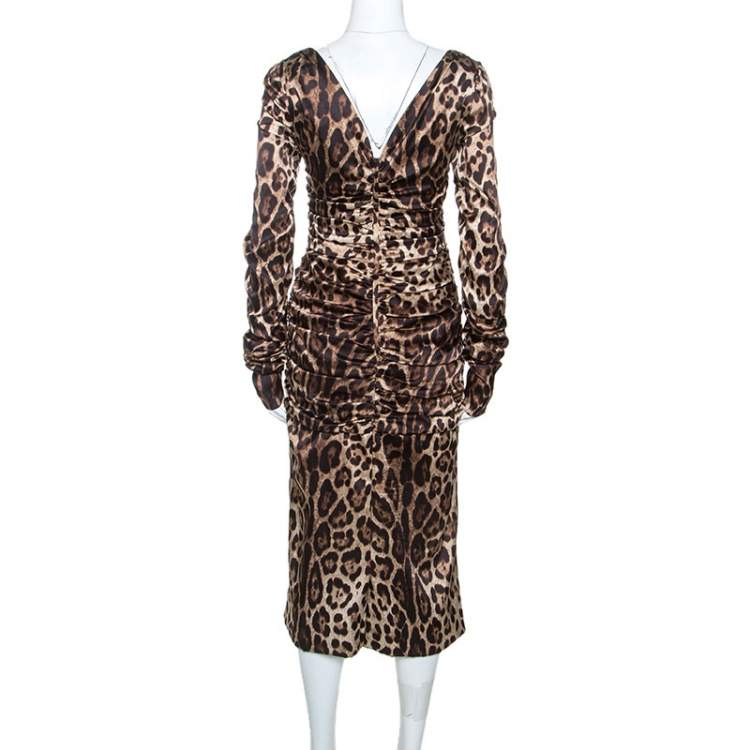 Pre Owned Dolce & Gabbana Brown Leopard Print Silk Ruched Midi Dress L