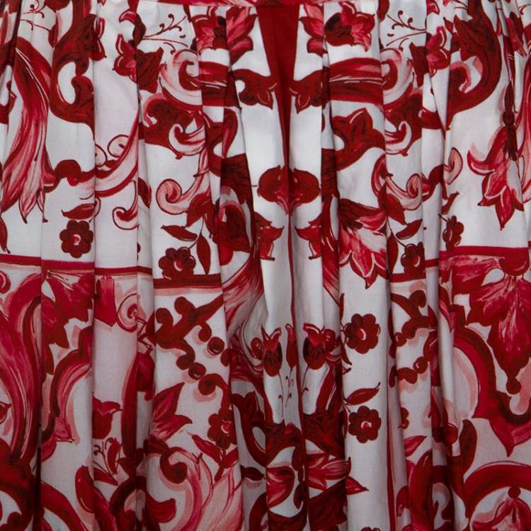Pre Owned Dolce & Gabbana Red Majolica Printed Cotton Pleated Midi Dress S