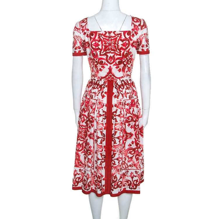 Pre Owned Dolce & Gabbana Red Majolica Printed Cotton Pleated Midi Dress S