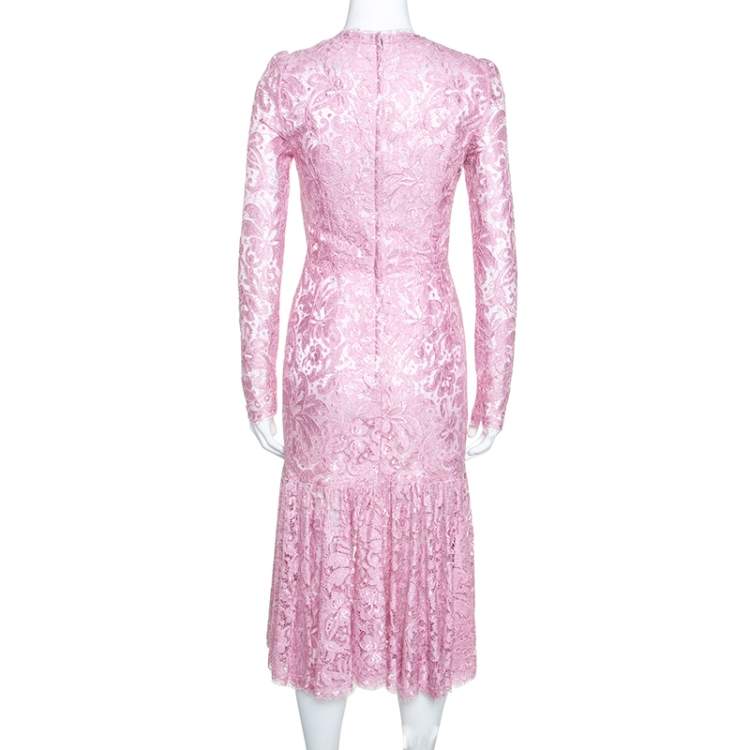 Pre Owned Dolce & Gabbana Pink Lace Flounce Midi Dress S