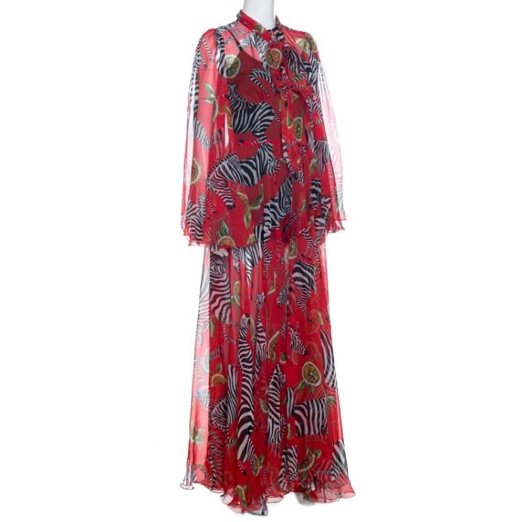 مملوكة مسبقًا Dolce & Gabbana Red Printed Silk Tie Neck Detail Maxi Dress S