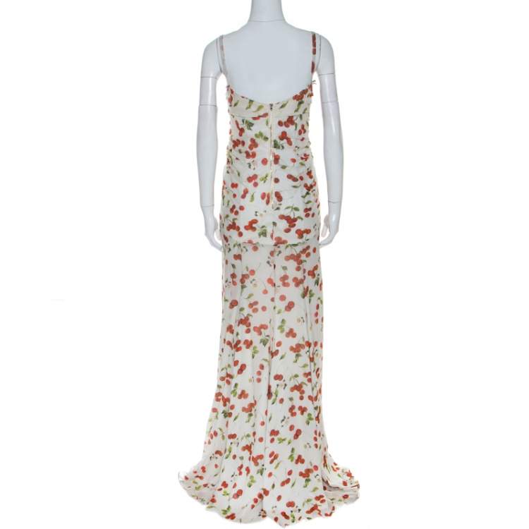 Pre Owned Dolce and Gabanna White Cherry Print Ruched Detail Sleeveless Dress M