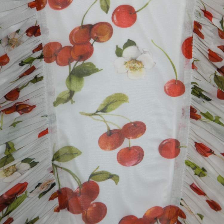 Pre Owned Dolce and Gabanna White Cherry Print Ruched Detail Sleeveless Dress M