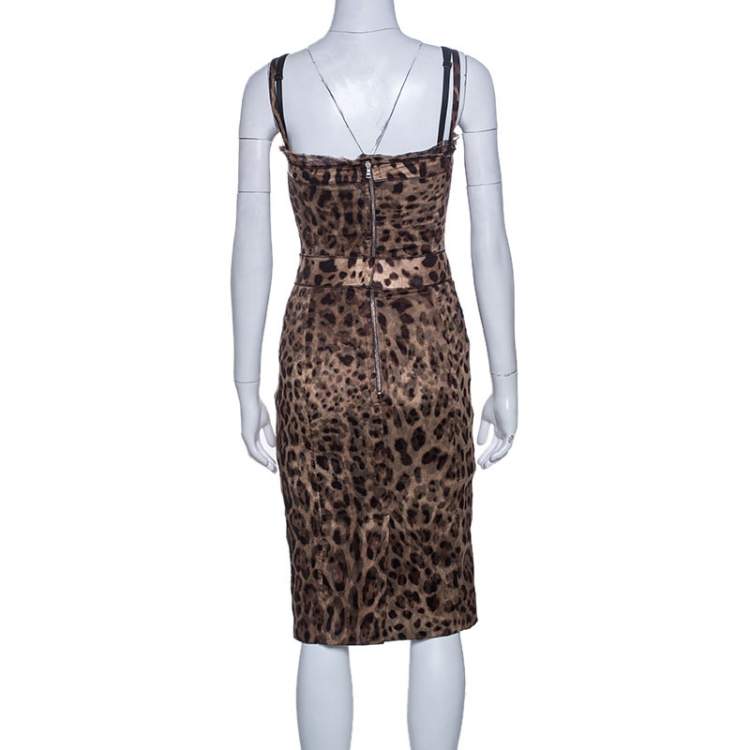 Pre Owned Dolce & Gabbana Brown Leopard Print Silk Tulle Bustier Dress S