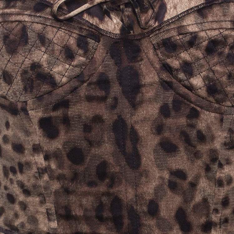 Pre Owned Dolce & Gabbana Brown Leopard Print Silk Tulle Bustier Dress S