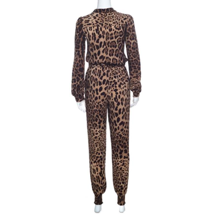 Pre Owned Dolce & Gabbana Brown Crepe Leopard Print Button Front Jumpsuit XS