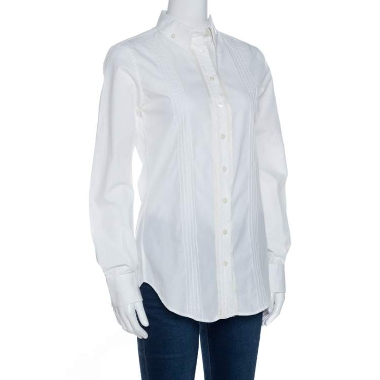 Pre Owned Dolce & Gabbana Off White Cotton And Silk Pintuck Detail Shirt S