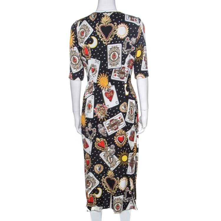 Pre Owned Dolce & Gabbana Black Playing Cards Print Silk Midi Dress M