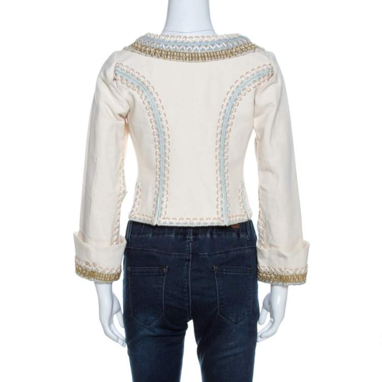 Pre Owned Dolce & Gabbana Vintage Cream Cotton Embroidered Cutout Detail Jacket M 