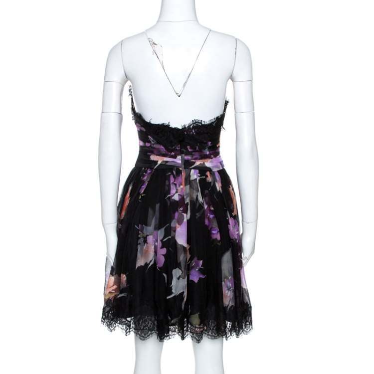 Pre Owned Dolce & Gabbana Black Floral Print Silk Lace Trim Strapless Dress S 