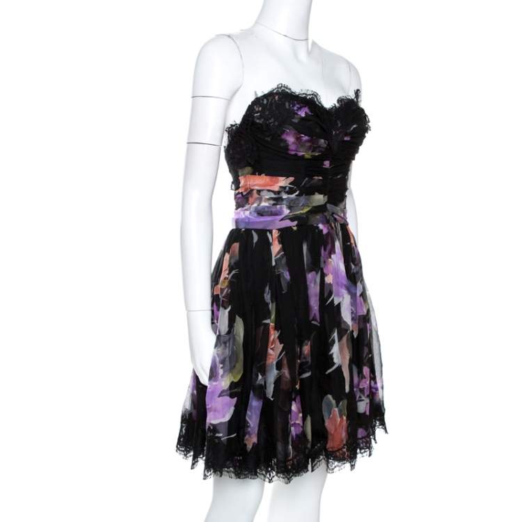 Pre Owned Dolce & Gabbana Black Floral Print Silk Lace Trim Strapless Dress S 